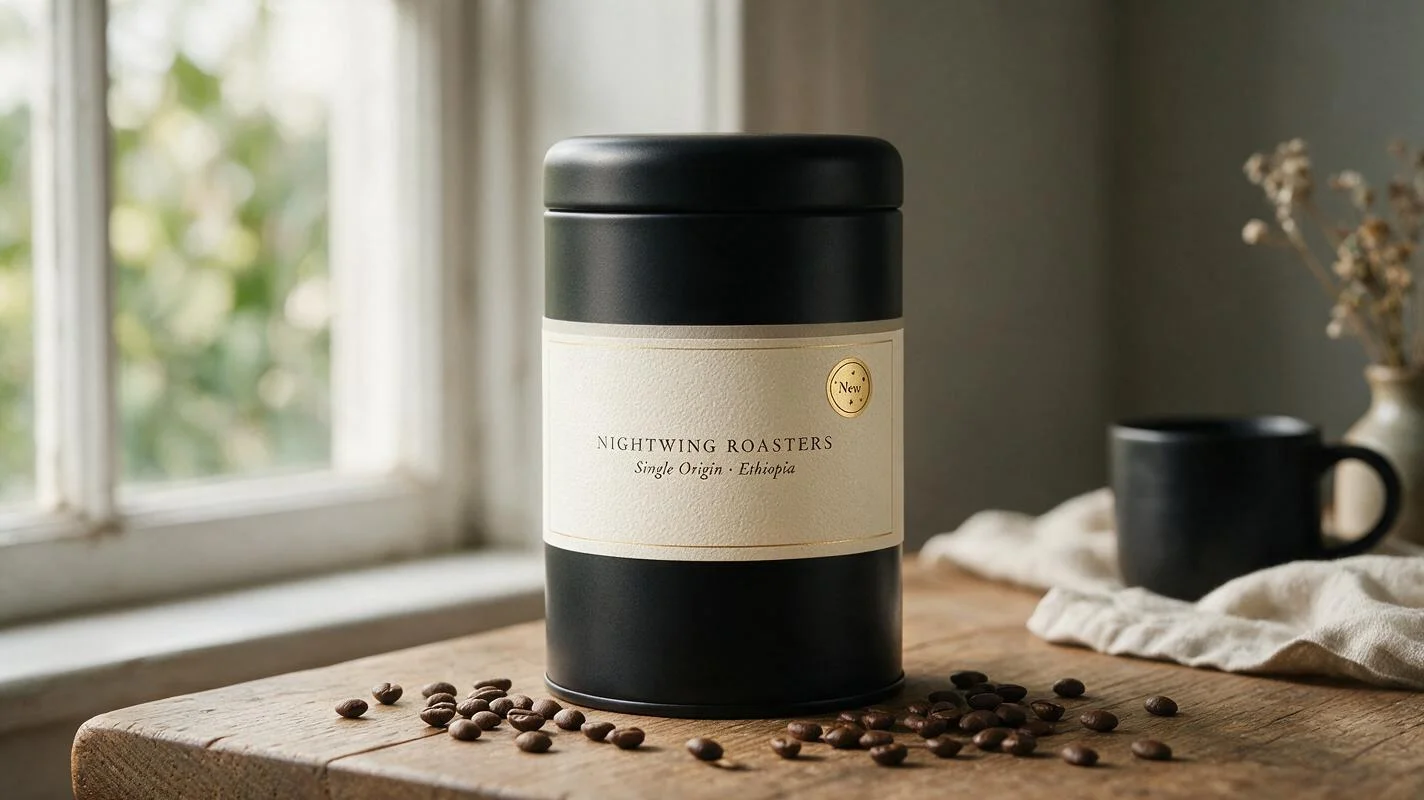 A matte-black coffee tin product shot with a legible small-caps label and an added New badge, edited with Seedream 5 Pro