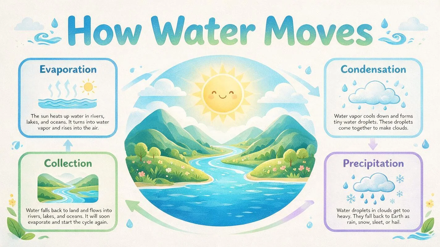 A water-cycle infographic with four labelled stages and directional arrows, generated by Seedream 5 Pro