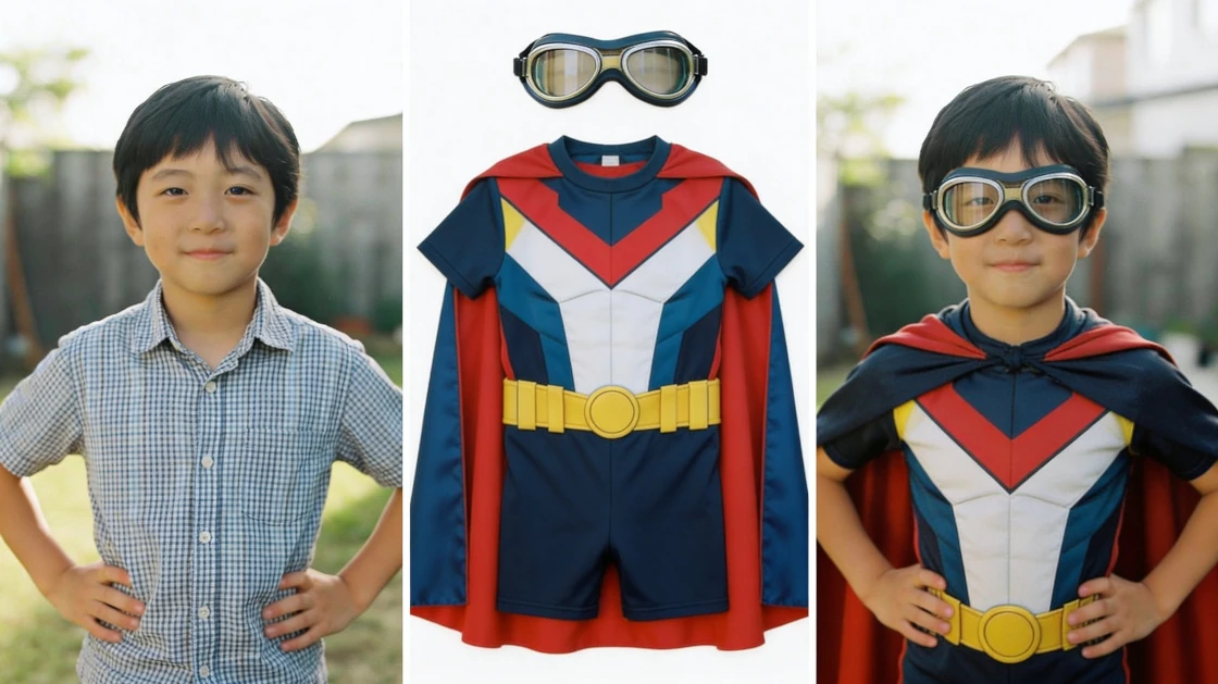 Four reference images — subject, costume, cape, goggles — combined into a single Seedream 4.5 output