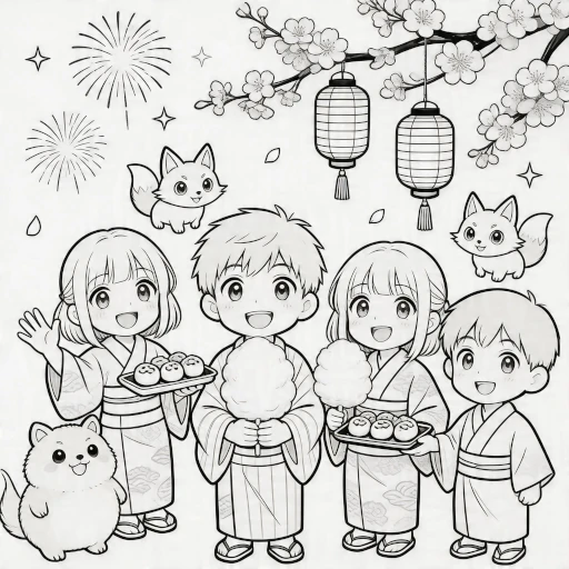 AI-generated anime-style coloring page of children at a festival, clean line art on a white background