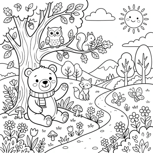AI-generated black-and-white coloring page of woodland animals in a forest, clean outlines on a white background