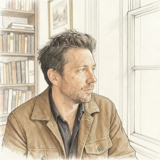 AI-generated pencil-and-ink illustration of a man looking out a window, drawn in soft graphite linework with light colour wash