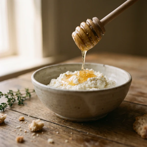 AI-generated macro food photograph of honey drizzling onto fresh ricotta in a ceramic bowl on an oak surface, warm window light, shallow depth of field