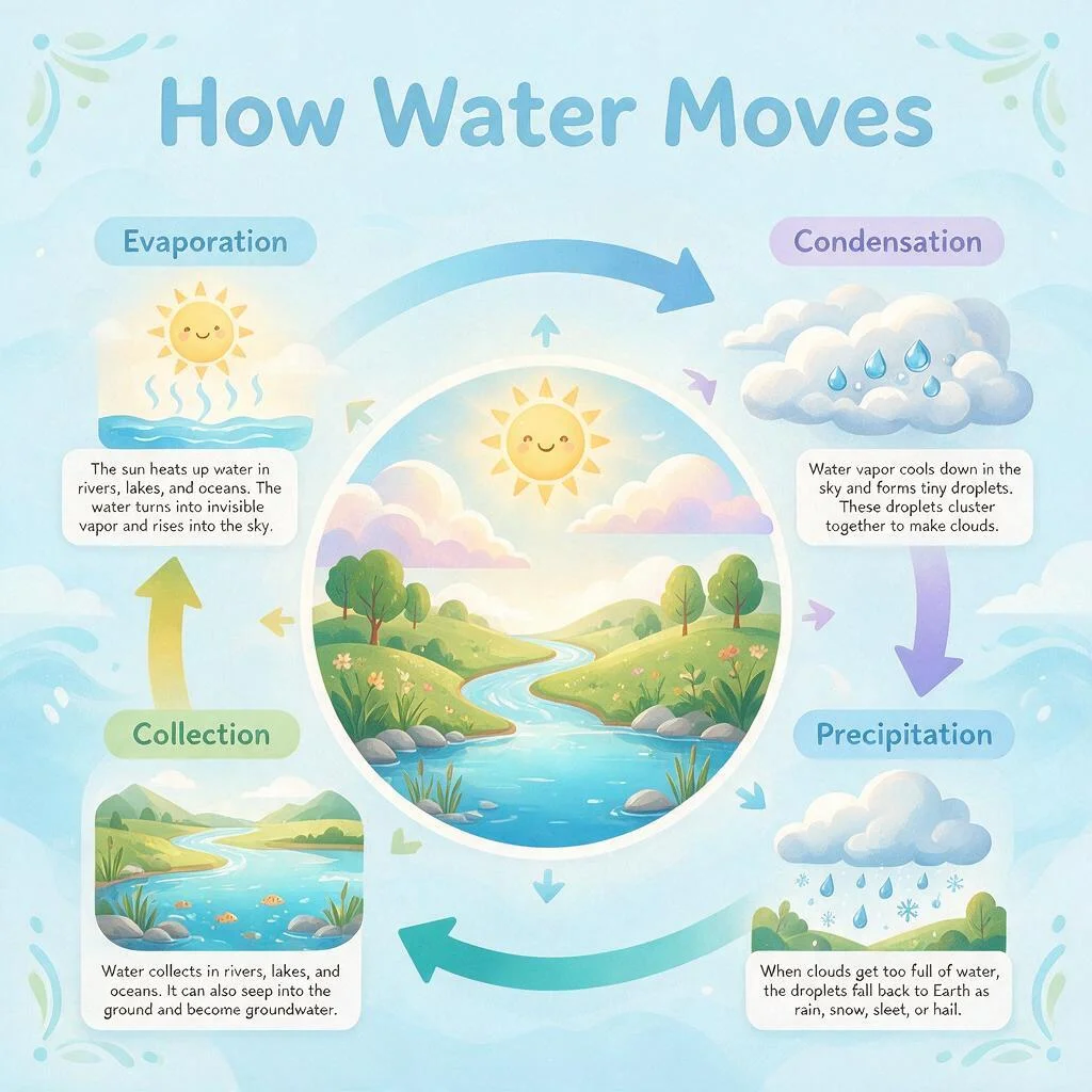 AI-generated water-cycle infographic with four labelled stages, directional arrows, pastel palette, and a hand-set sans-serif headline