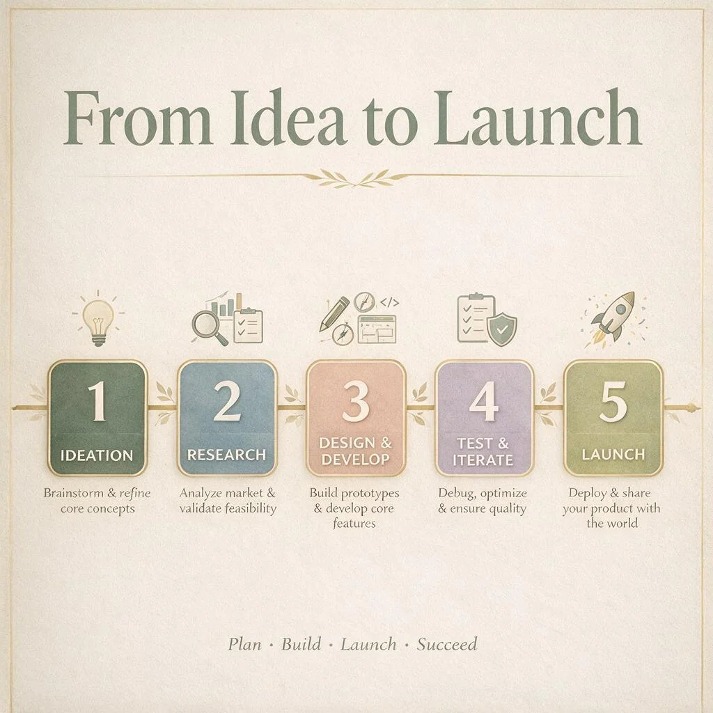 AI-generated process timeline poster with five numbered steps along a horizontal track and short captions