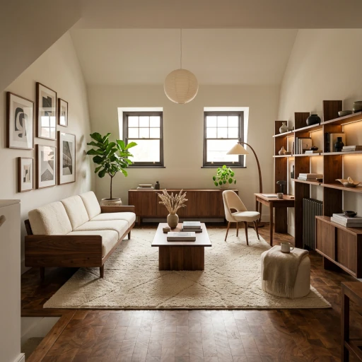 AI-generated interior design restyle of a room with a warm modern mid-century meets Japandi aesthetic — walnut furniture, cream upholstery, wool rug, framed art, leafy plants, natural light
