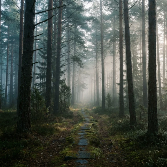 AI-generated landscape photograph of a misty pine forest at dawn, low fog drifting between the trees with shafts of cold morning light and a moss-covered stone path