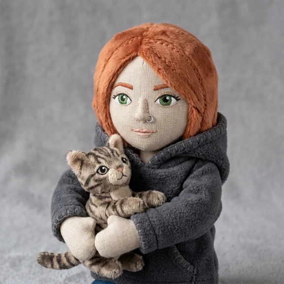 AI-generated plushie version of a subject with soft fabric textures, embroidered features, and stitched details on a neutral background