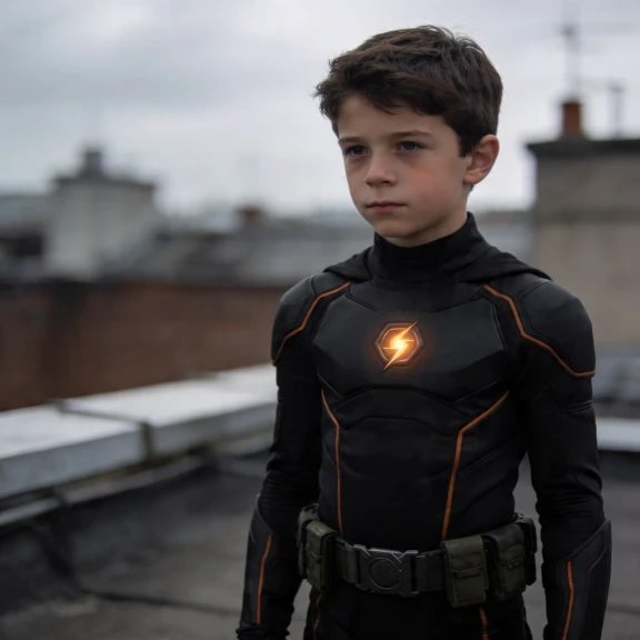 AI-generated image-to-image restyle — subject wearing a modern stealth superhero suit with matte black fabric and burnt-orange seam panelling on a rooftop